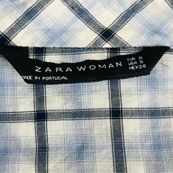 ZARA Woman plaid button down shirt vneck 2 front pockets 3/4 length sleeves SZ S - Picture 9 of 12